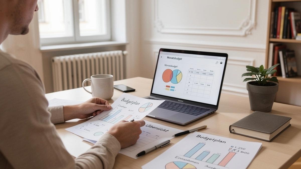 Person am Schreibtisch mit Budget-Plan und Diagrammen in ruhiger, moderner Lernatmosphäre